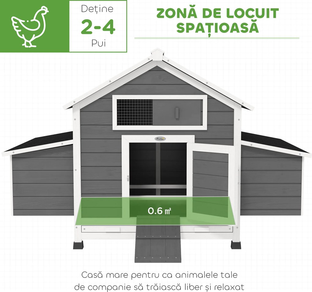 PawHut Coteț din Lemn pentru Exterior cu 2 Cuiburi de Ouă, Adăpost pentru Găini cu Tavă Detașabilă și Acoperiș din Asfalt, pentru 2-4 Găini, Gri | Aosom Romania