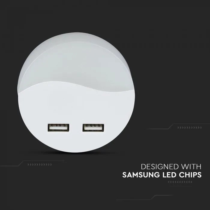 Lampa de veghe rotunda cu senzor si USB, chip Samsung, 0.45W, lumina calda (3000K), 2A, V-TAC
