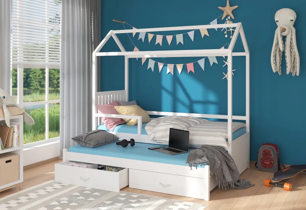 Supermobel Pat pentru copii JONASZEK casuta cu bara + saltea, 90x200/90x190, alb