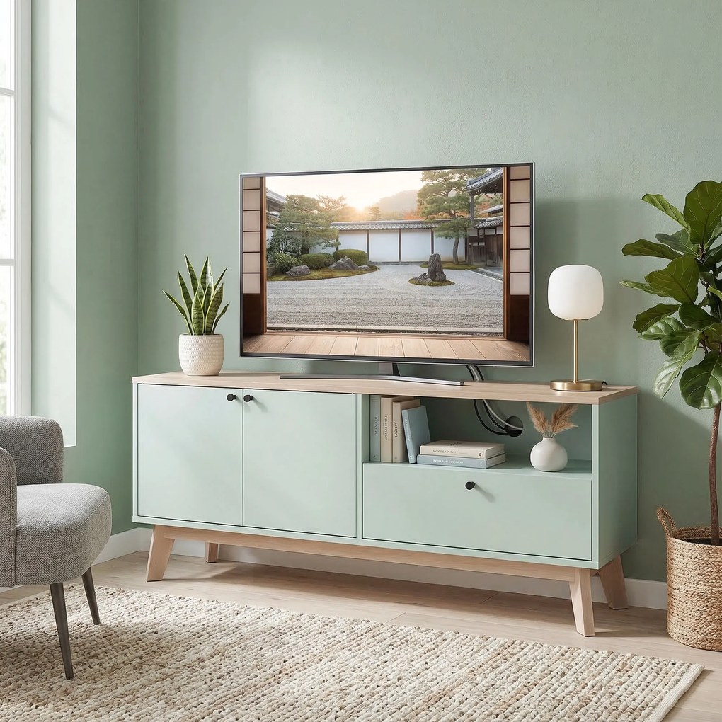 HOMCOM Comodă TV 120 cm, corp TV pentru televizoare până la 91,4 cm cu 2 uși, sertar, compartiment deschis, verde deschis | Aosom Romania