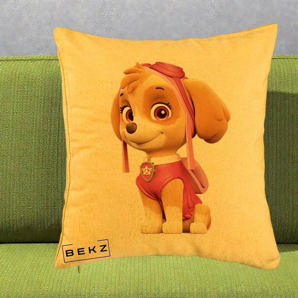 Perna Personalizata Skye PAW Patrol Roz, 40x40 cm, Galben, Husa Detasabila, Perna Inclusa, BEKZ®