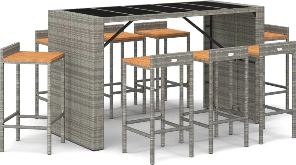 vidaXL Set bar pentru grădină, 9 piese, gri, poliratan/lemn acacia