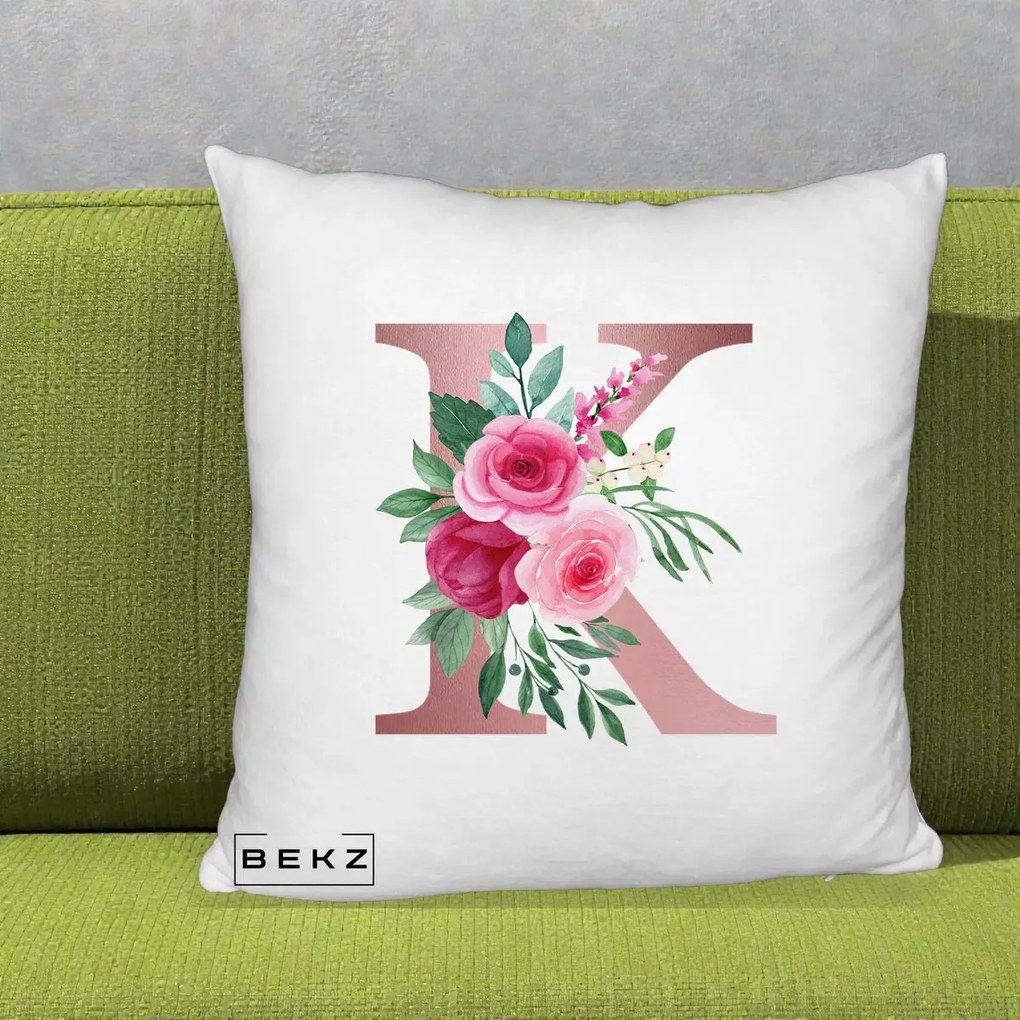 Cadou Personalizat - Perna Personalizata Monograma Rose Gold Litera K, 40x40 cm, Alb Pufos, Husa Detasabila, Perna Inclusa, BEKZ®