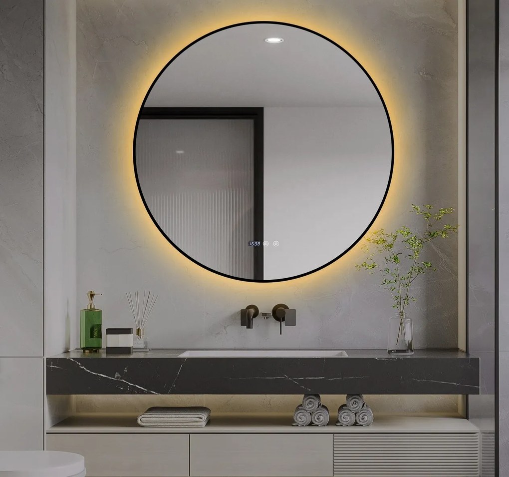 Oglindă LED Touch Premium, Dezaburire, Rama Negra, 3 Tipuri Lumină 90 cm