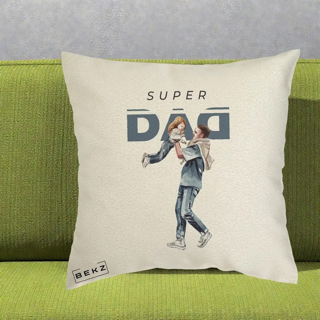 Cadou pentru Tata - Perna Personalizata Super DAD Tata si Fiica, 40x40 cm, Ecru, Husa Detasabila, Perna Inclusa, BEKZ®