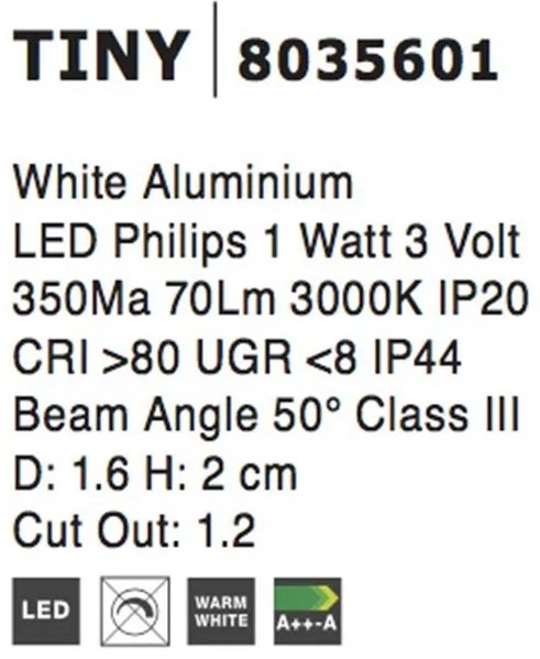 Mini Spot LED incastrabil tavan fals / plafon pentru baie IP44 TINY alb