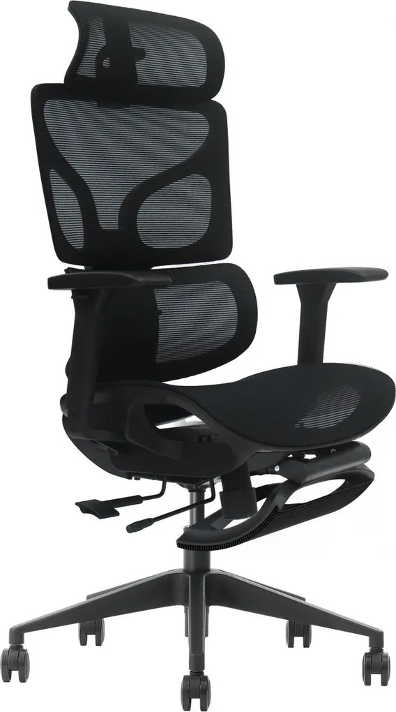 VERTEX PRO – Scaun Ergonomic Premium, Suport Lombar Dublu cu arc și reglaj al tensiunii, Cotiere 3D, Tetieră reglabilă, Șezut Glisant, Suport pentru picioare extensibil, Negru