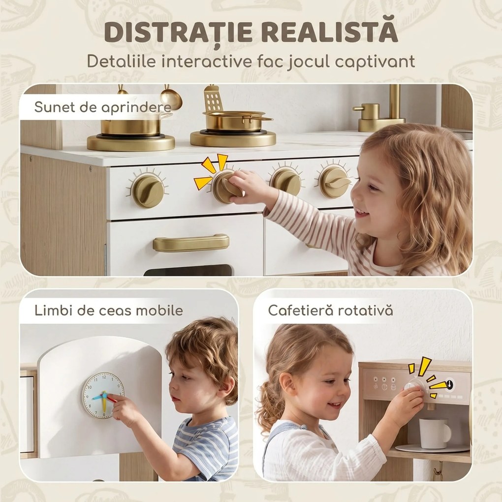 AIYAPLAY Bucătărie de Jucărie pentru Copii cu Plită, Robinet și Accesorii, MDF și Oțel Inoxidabil, 74 x 29 x 81 Cm, Alb | Aosom Romania