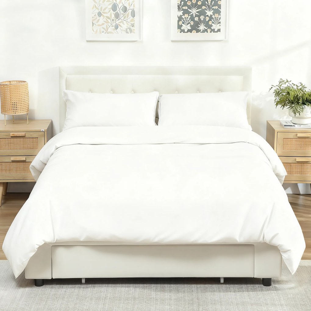 HOMCOM Cadru de pat dublu cu somieră și spațiu de depozitare pe pistoane, sertar pe roți, tăblie reglabilă capitonată efect velur, crem | Aosom Romania