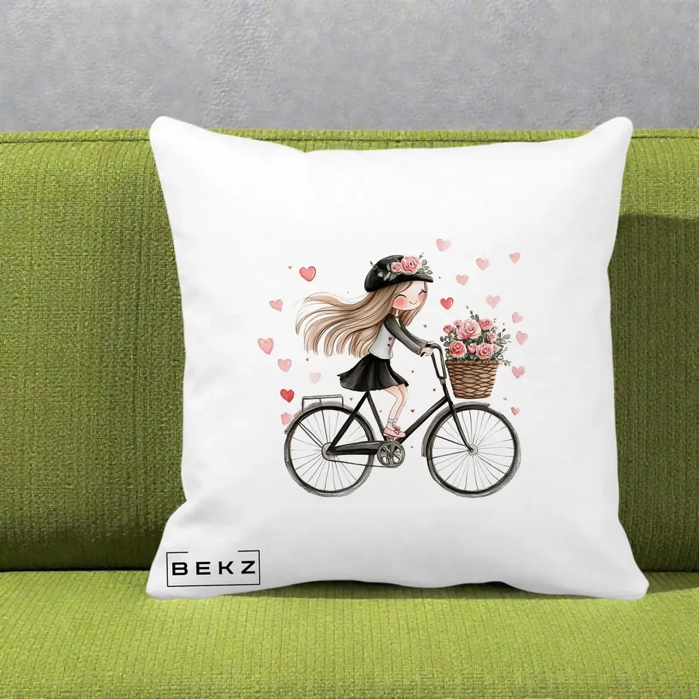 Perna Decorativa Fetita Kawaii pe Bicicleta cu Trandafiri si Inimioare, 40x40 cm, Alba Mata, Husa Detasabila, Perna Inclusa, BEKZ®