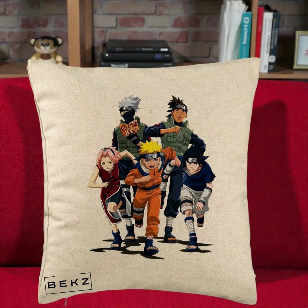Perna Personalizata Naruto Echipa 7 Kakashi Sensei, 40x40 cm, Bej, Husa Detasabila, Perna Inclusa, BEKZ®