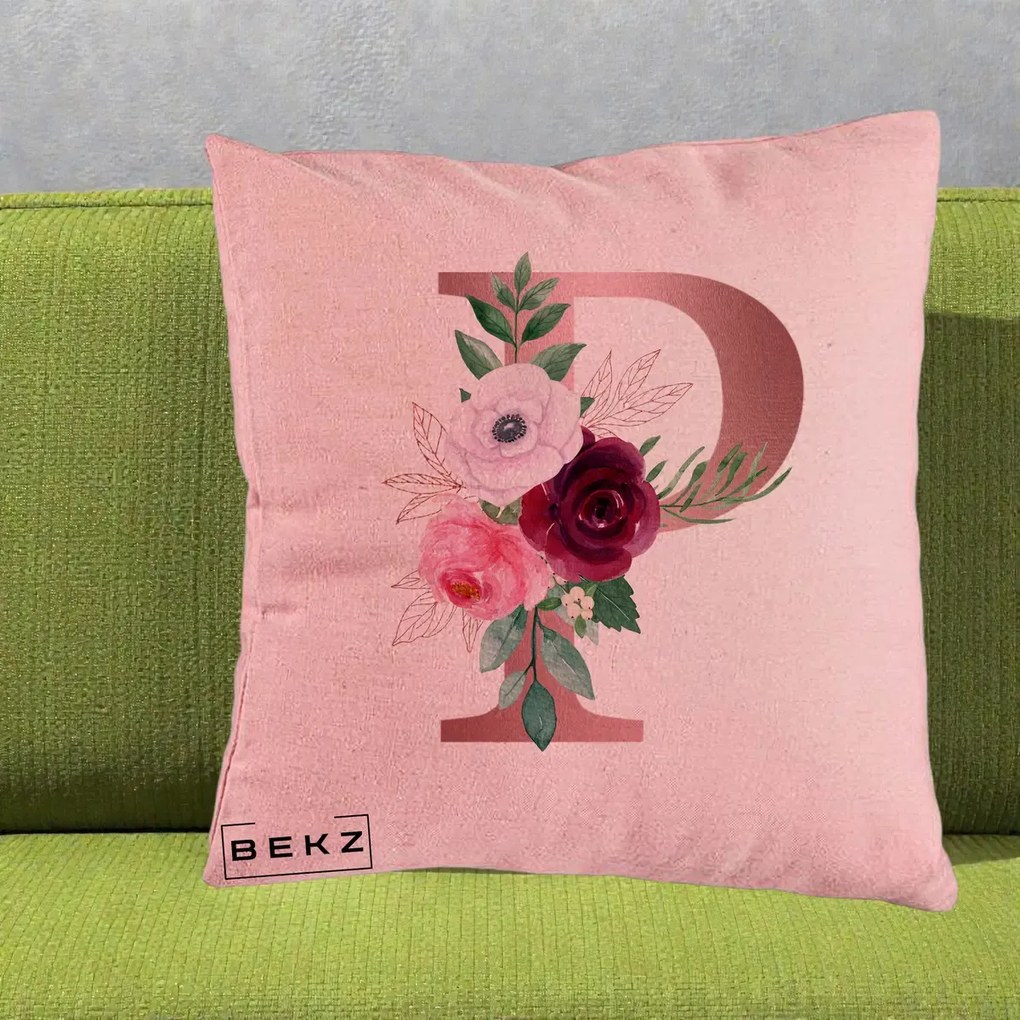 Cadou Personalizat - Perna Personalizata Monograma Rose Gold Litera P, 40x40 cm, Roz, Husa Detasabila, Perna Inclusa, BEKZ®