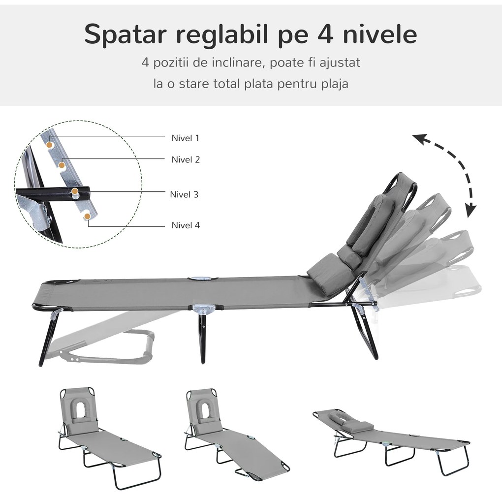 Outsunny Sezlong de Gradina Piabil, Pat pentru Plaja cu Orificiu Capitonat pentru Fata, Spatar Rabatabil in 4 Pozitii si Perna Suplimentara, Gri