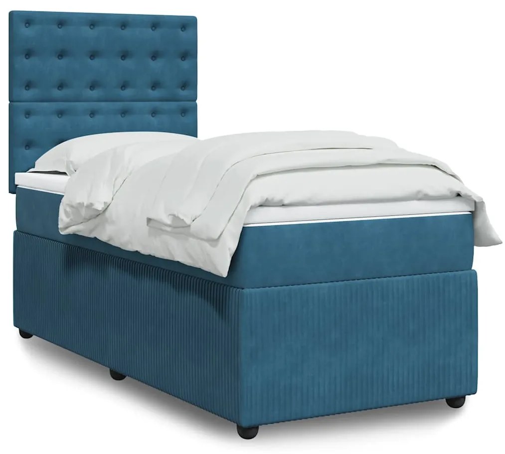 vidaXL Pat box spring cu saltea, albastru închis, 90x190 cm, catifea
