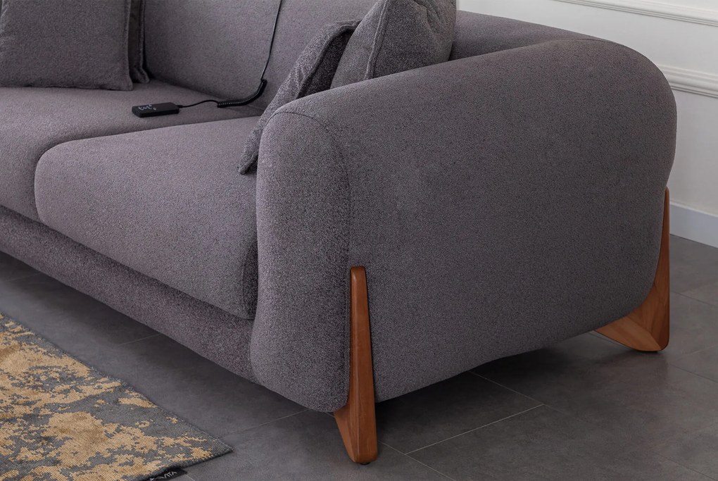 Canapea extensibila electric, cu picioare de lemn, 3 locuri puffy (240x105x70) - gri