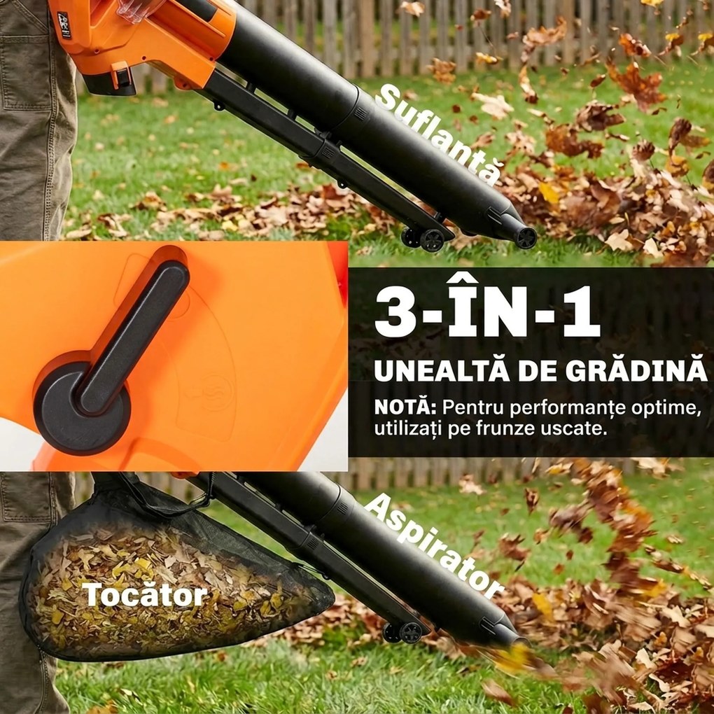 Outsunny 3-în-1 Suflantă, Aspirator, Tocător pentru Frunze 3000W, Ușor | Aosom Romania