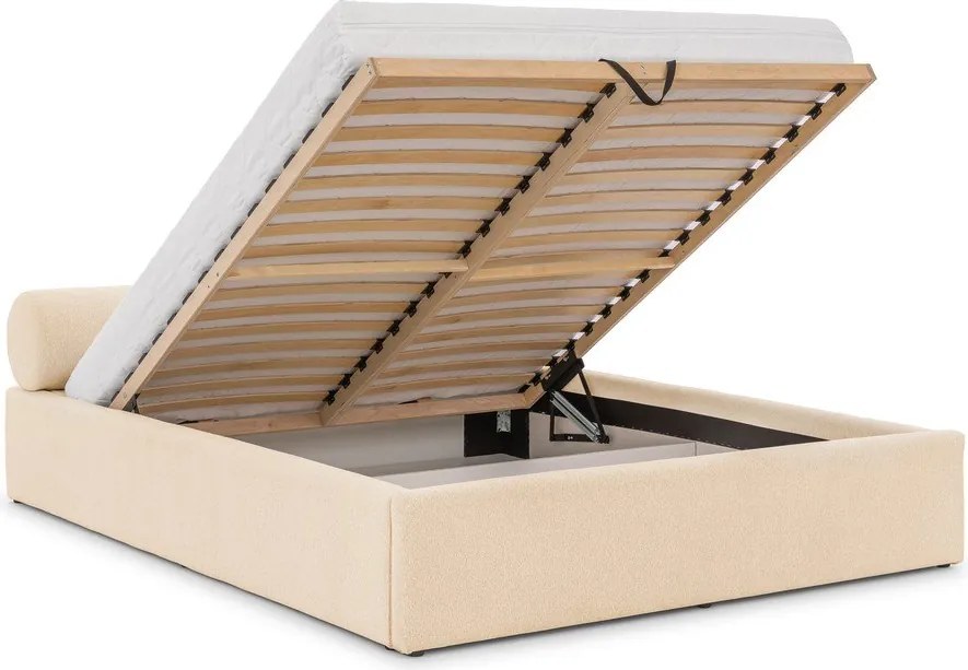 Pat matrimonial crem tapițat cu spațiu de depozitare cu somieră 160x200 cm Cille – Ropez