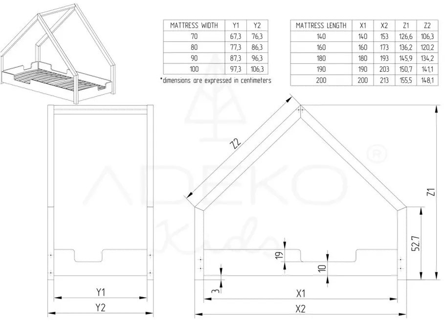 Pat tip căsuță din lemn de pin pentru copii Adeko Loca Dork, 90 x 200 cm