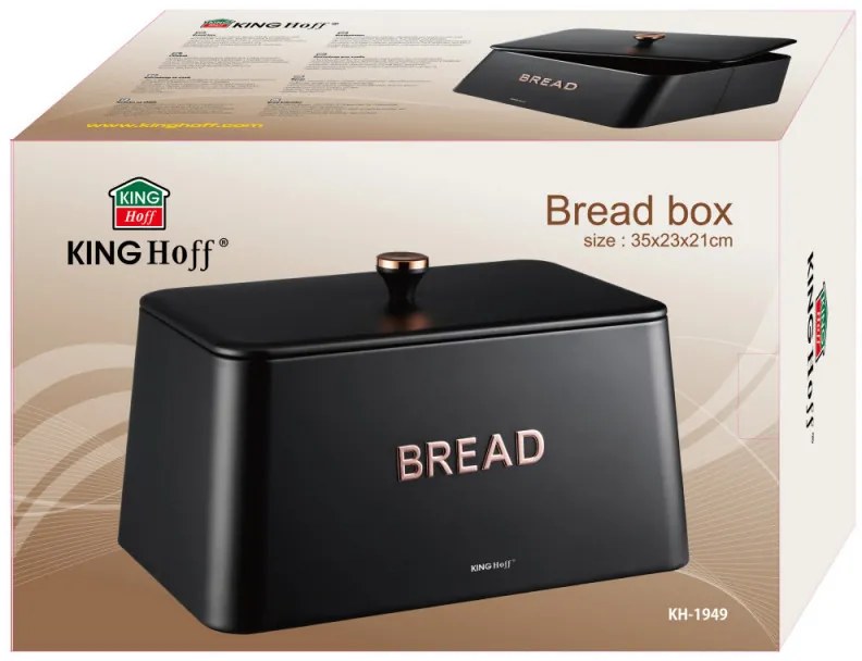 Cutie de pâine Kinghoff KH 1949, 35 cm, Corp metalic, Capac bambus, Negru