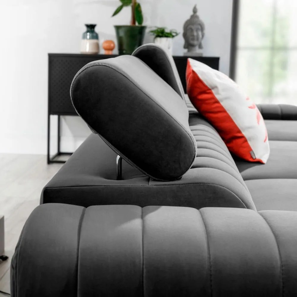 Colțar gri extensibil/cu spațiu de depozitare cu tapițerie din catifea (cu colț pe partea dreaptă/cu șezlong) Grayson – ELTAP