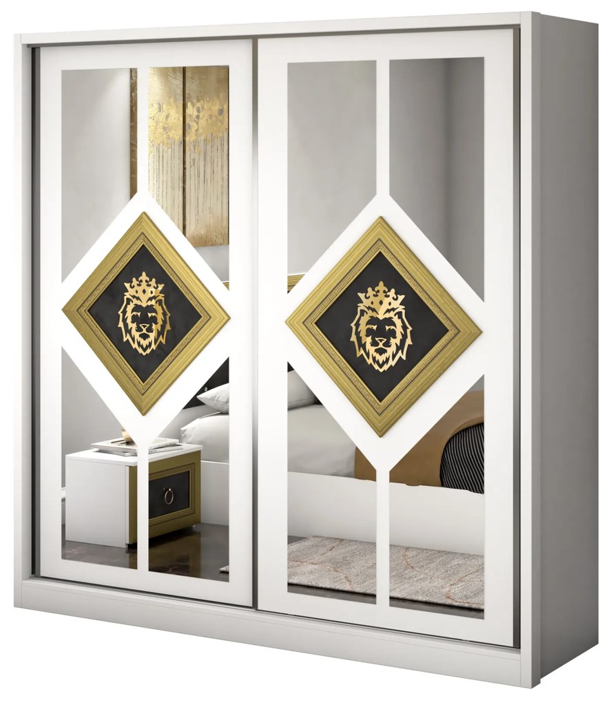 Dormitor Deluxe, culoare alb / negru, cu pat tapitat 160 x 200, dulap 200 cm, comoda si 2 noptiere