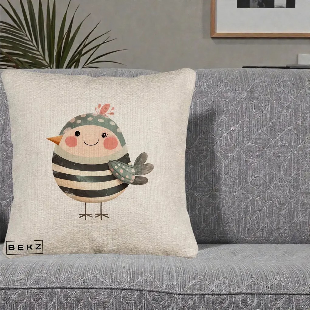 Perna Decorativa Pui Kawaii Teal cu Flori, 40x40 cm, Bej Canapea, Husa Detasabila, Perna Inclusa, BEKZ®