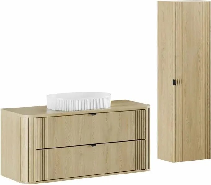 Set dulap baza suspendat 120 cm cu blat, lavoar si dulap coloana Comad Ovalia stejar Cremona