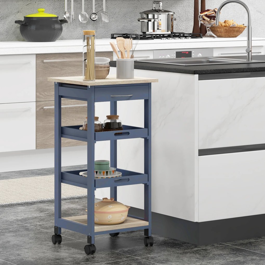 HOMCOM Carucior Bucatarie Sertar 2 Tavi Glisante Blat Fix Lemn Pin MDF 37x37x76cm Gri Stejar | Aosom Romania