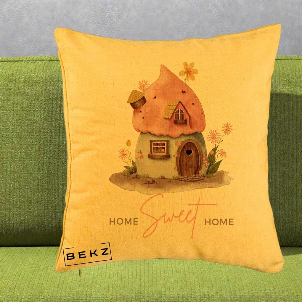 Perna Decorativa Home Sweet Home Casuta, 40x40 cm, Galben, Husa Detasabila, Perna Inclusa, BEKZ®