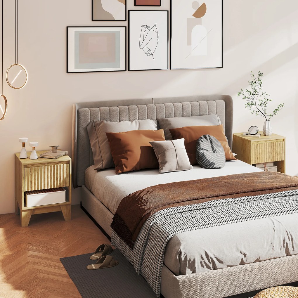 HOMCOM Set de 2 noptiere înguste, măsuță auxiliară compartiment deschis 1 sertar, panouri canelate 43x40x55cm natural | Aosom Romania