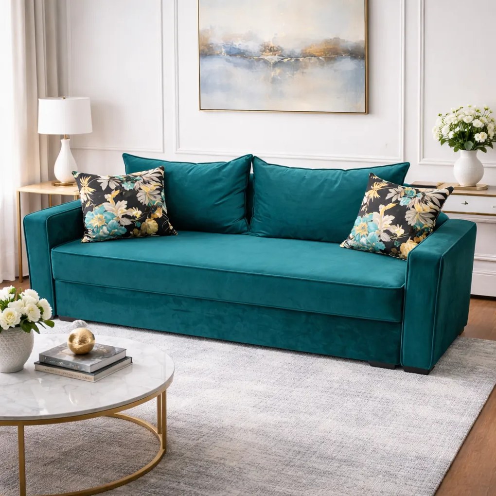 Canapea LARISA extensibila, 3 locuri, cu lada de depozitare, catifea turcoaz , 220x95x85 Turcuaz, Catifea