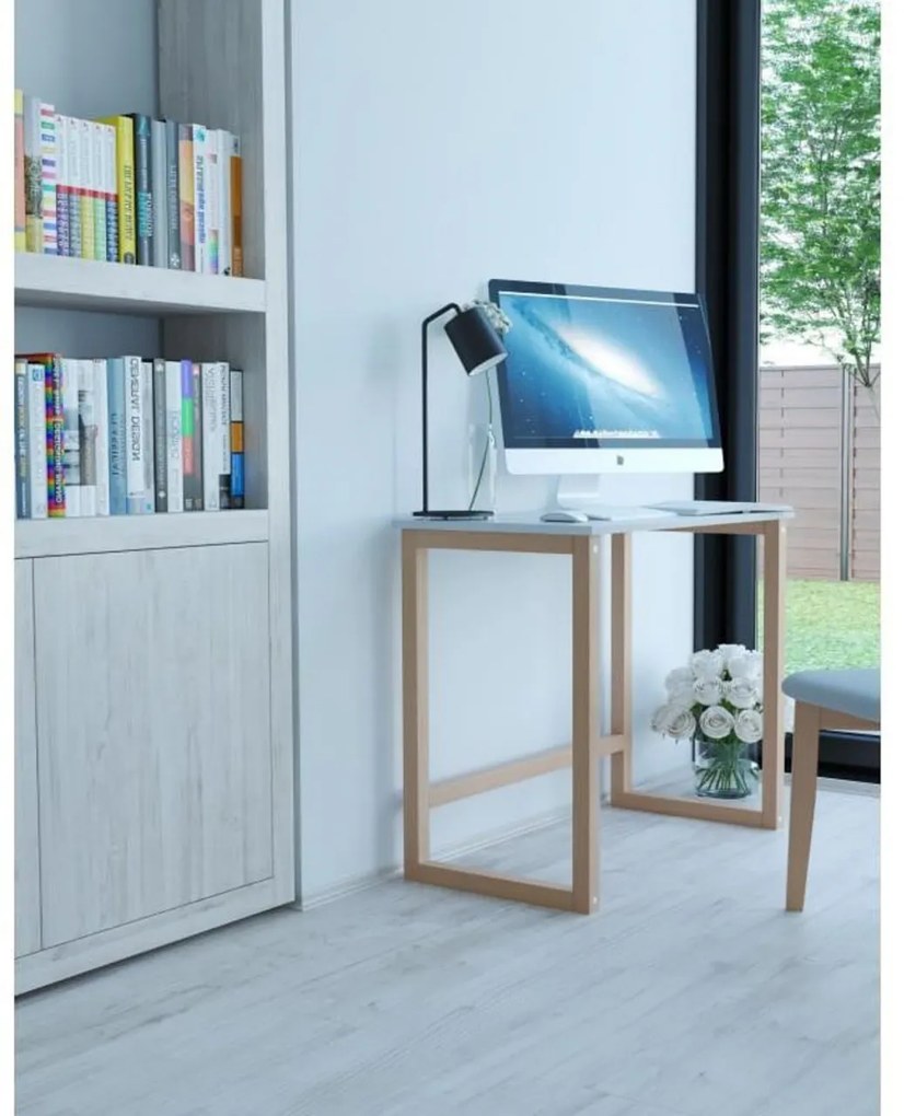 Birou pliabil pentru copii Novokids™ My first Computer desk, Picioare din lemn masiv, Dimensiuni 75x50x90 cm, Pentru laptop si Computer, Natur cu Alb