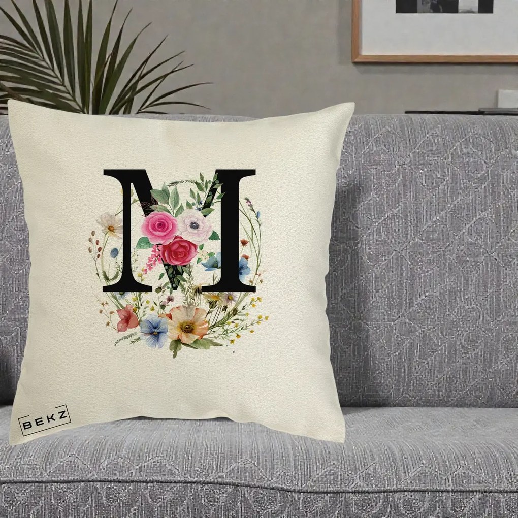 Cadou Personalizat - Perna Personalizata Monogram Litera M cu Flori Acuarela, 40x40 cm, Ecru, Husa Detasabila, Perna Inclusa, BEKZ®