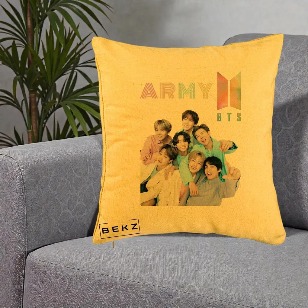 Perna Personalizata K-pop BTS ARMY Fotografie Grup Veseli, 40x40 cm, Galben, Husa Detasabila, Perna Inclusa, BEKZ®