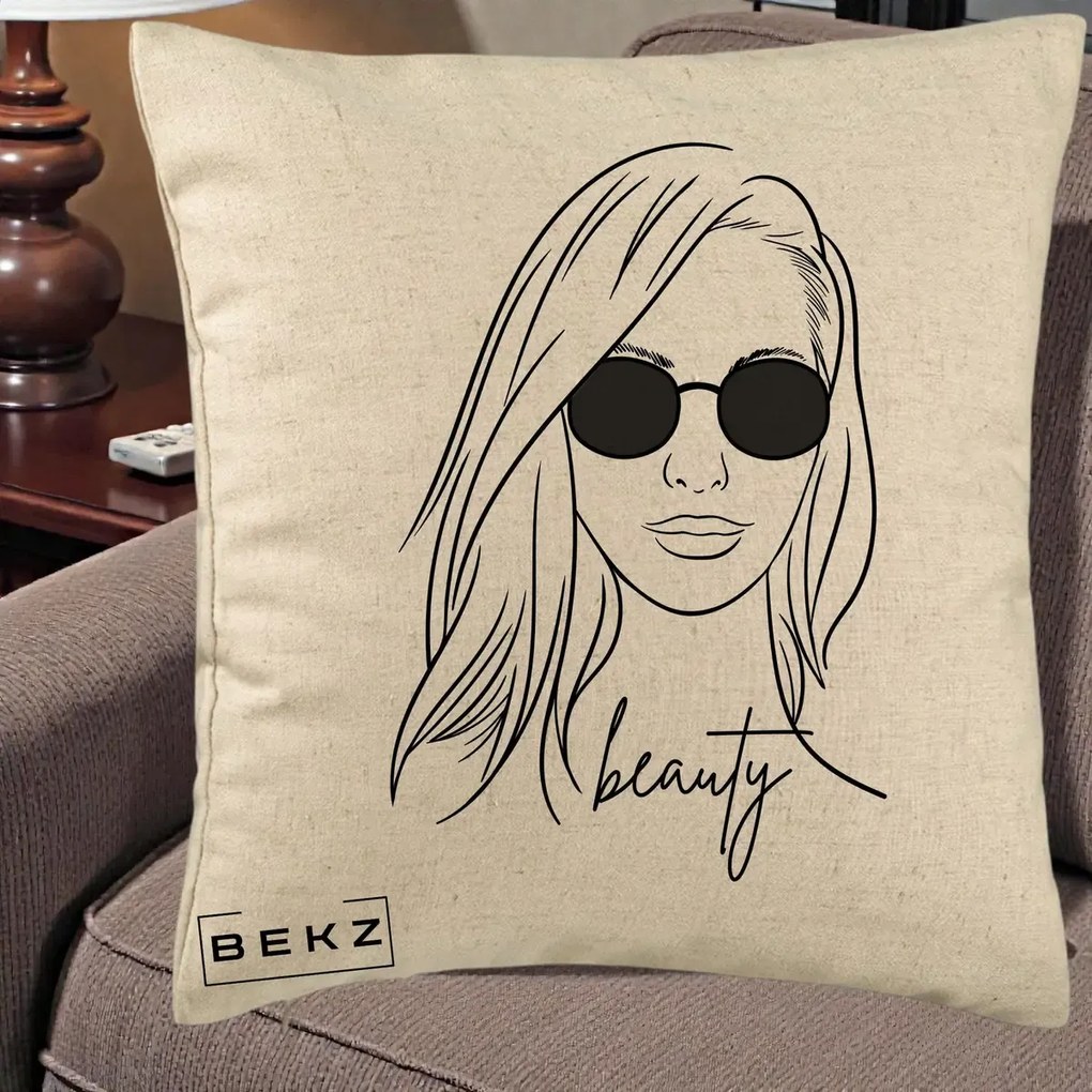 Perna Decorativa Beauty Girl Line Art, 40x40 cm, Bej, Husa Detasabila, Perna Inclusa, BEKZ®