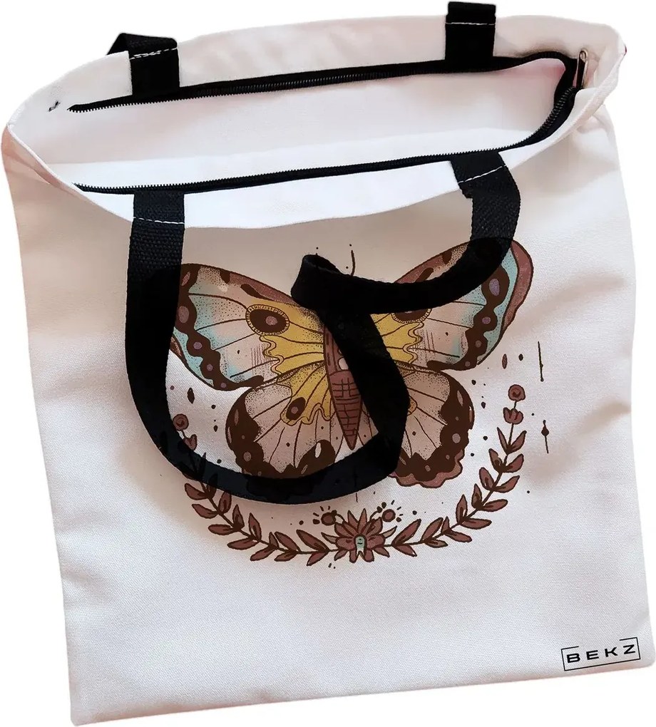 Sacosa de Panza pentru Cumparaturi, Geanta Tote, Brown Butterfly, Cu fermoar, 38x34.5 cm, Alba, BEKZ®
