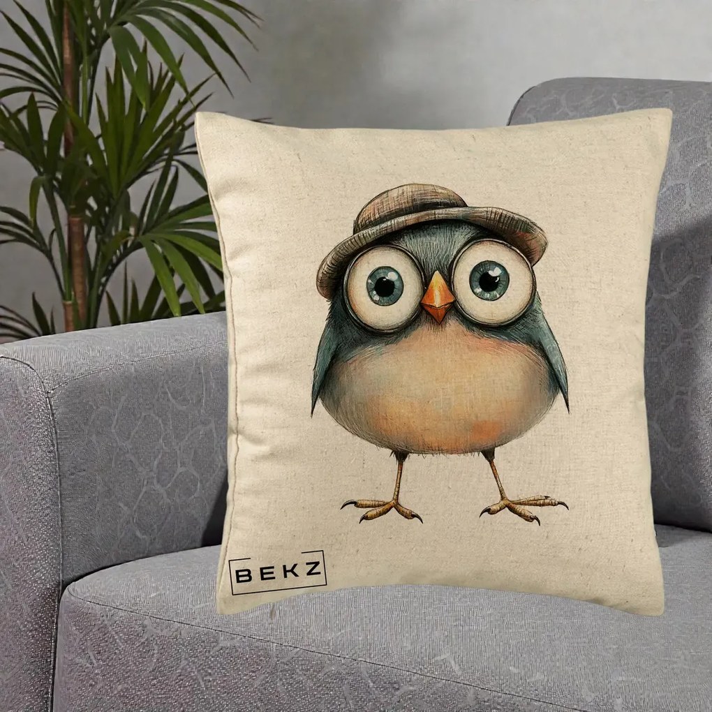 Perna Decorativa Pui cu Palarie Rotunda, 40x40 cm, Bej, Husa Detasabila, Perna Inclusa, BEKZ®