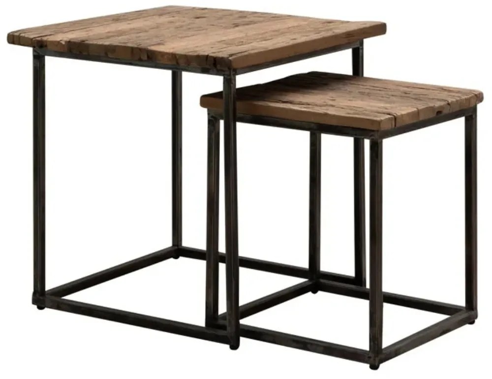 Set 2 masute laterale din metal si lemn reciclat, cu aspect vintage, Oregon