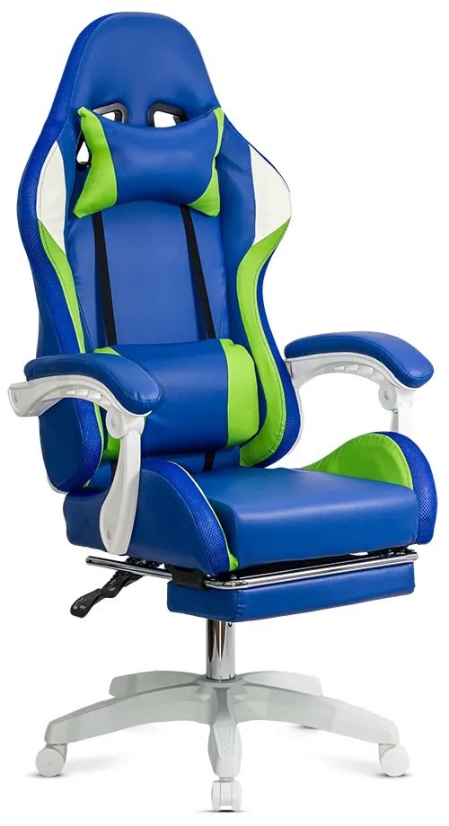 Scaun gaming albastru piele sintetică cu suport picioare si banda LED RGB OFF 298