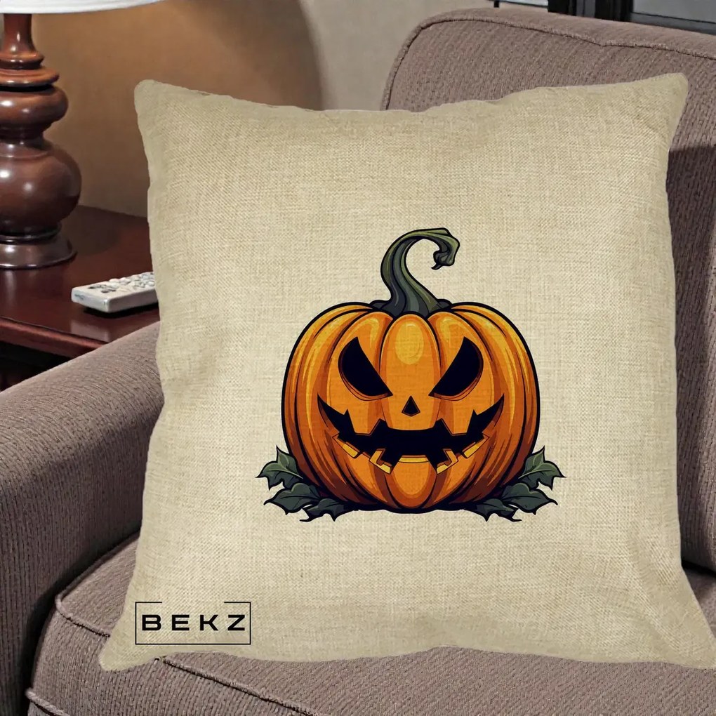 Perna Decorativa Halloween Jack-o'-Lantern Infricosator, 40x40 cm, Crem, Husa Detasabila, Perna Inclusa, BEKZ®