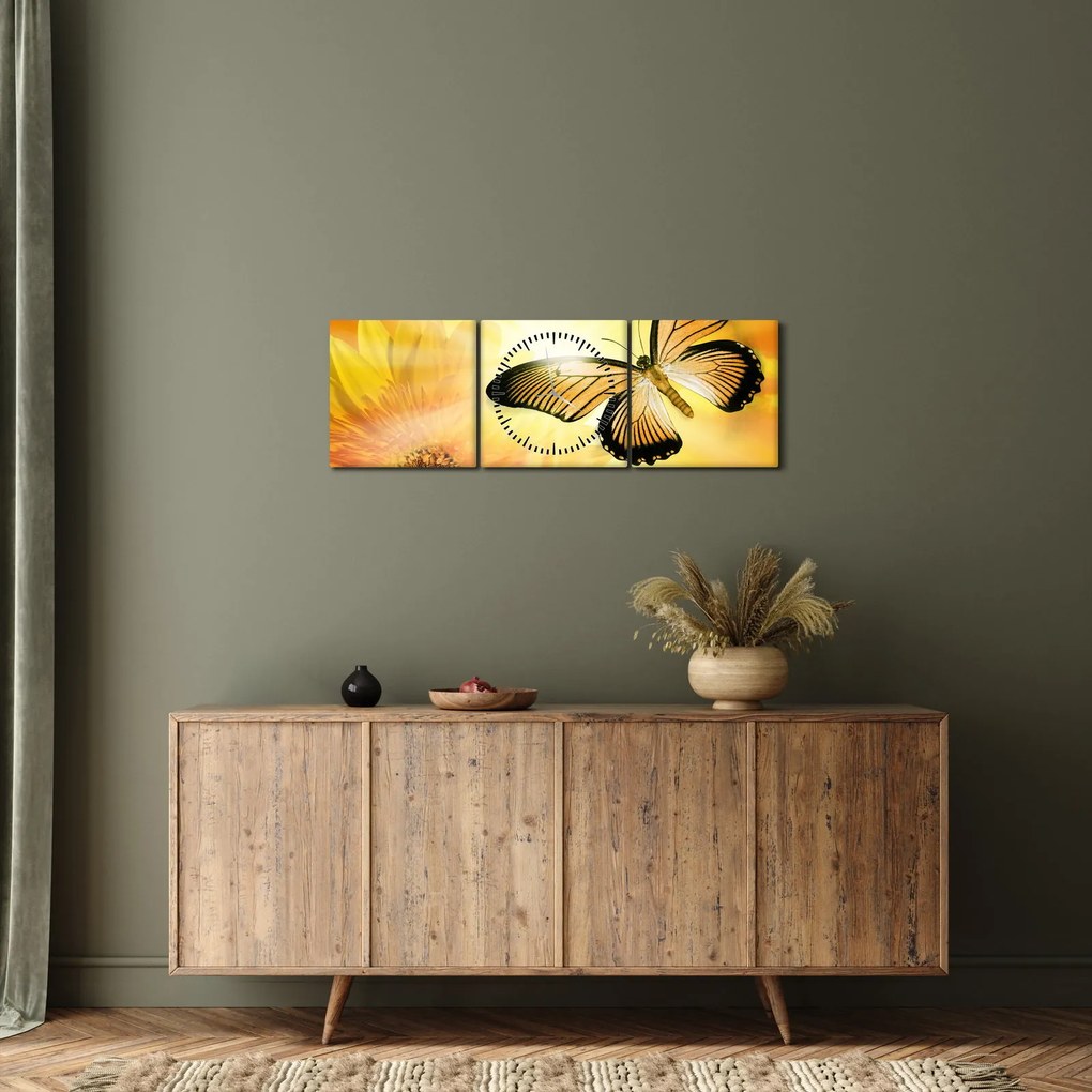 Tablou - Fluture galben cu flori (cu ceas) (90x30 cm)