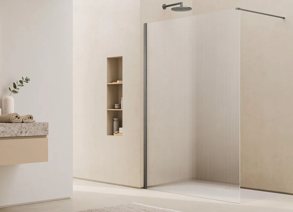 Paravan dus cu sticla riflata walk-in 120x200 cm, gun metal periat, sticla 8 mm, Ronal Lina 1200x2000 mm, Gun metal periat