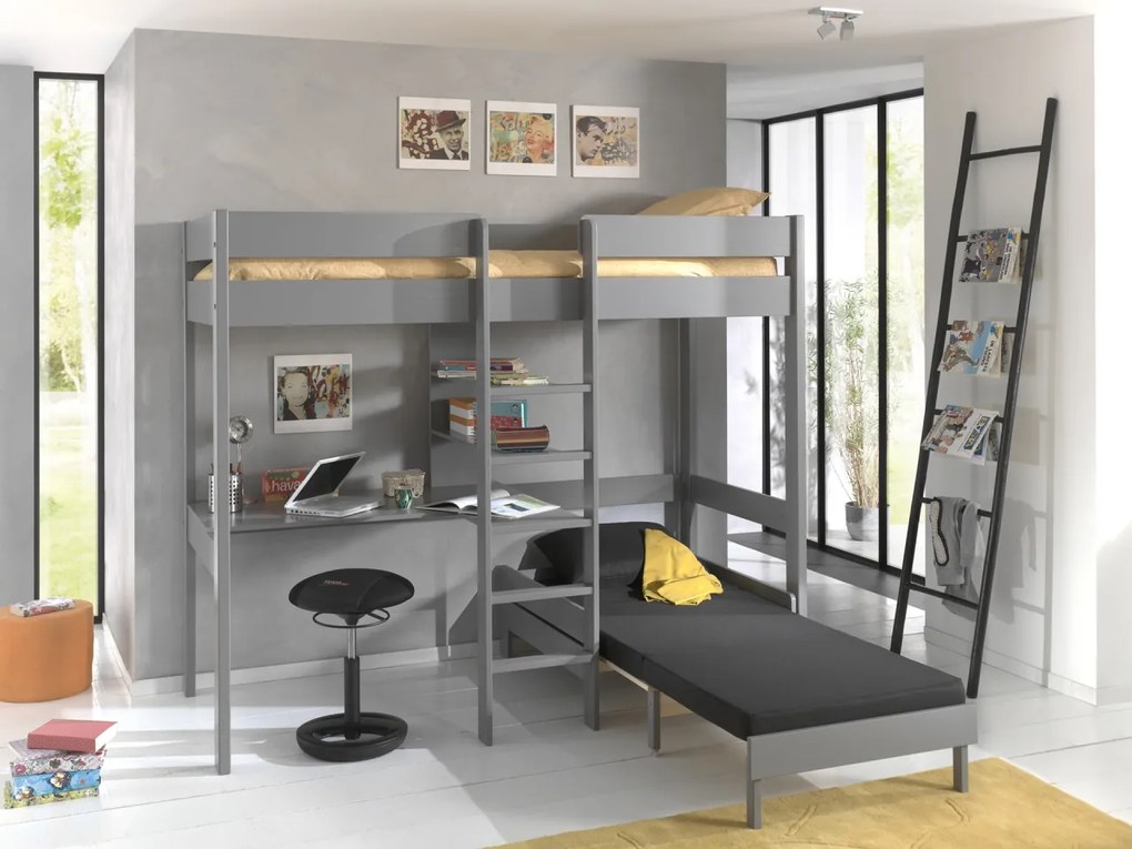PINO Pat copii LOFT CU CANAPEA EXTENSIBILĂ 90 X 200 CM GRI