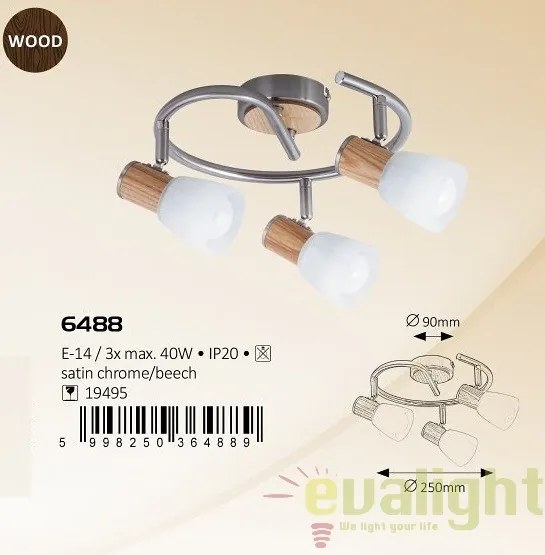 Lustra, Plafoniera cu 3 spoturi, finisaj crom/fag, diametru 25,5cm, Gavin 6488 RX