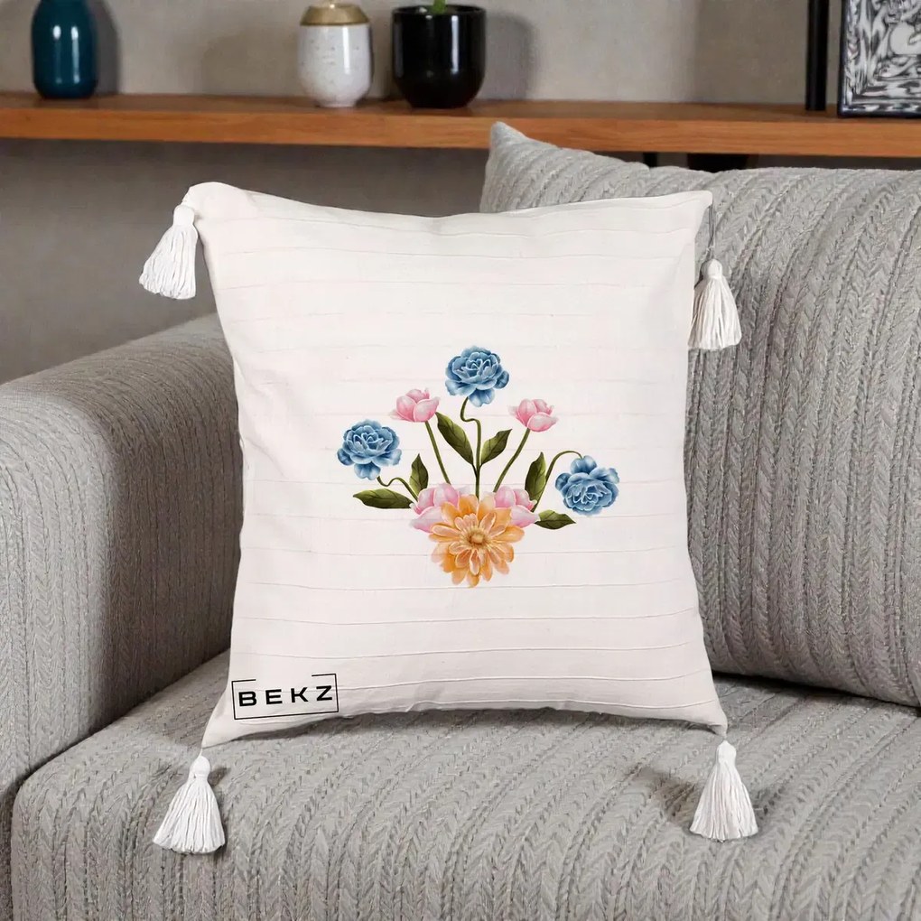Perna Decorativa Buchet Primavara Acuarela, 40x40 cm, Bej cu Franjuri, Husa Detasabila, Perna Inclusa, BEKZ®