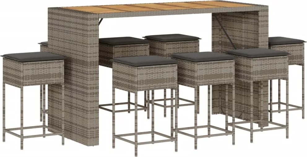 vidaXL Set mobilier bar de grădină, cu perne, 9 piese, gri, poliratan