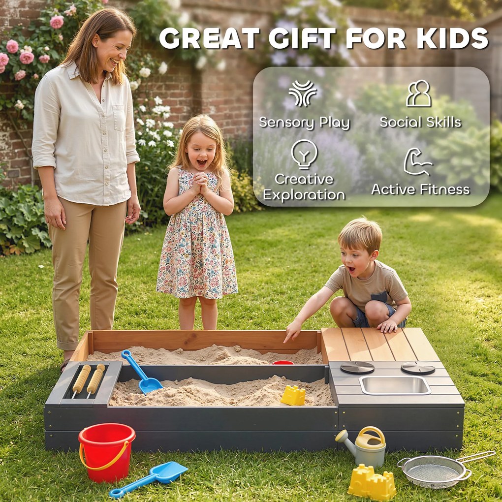 AIYAPLAY Set ladă pentru nisip 2 piese 150x90 cm lemn ladă de nisip cu bancă spațiu depozitare plită chiuvetă detașabilă mărgele abac Galben | Aosom Romania