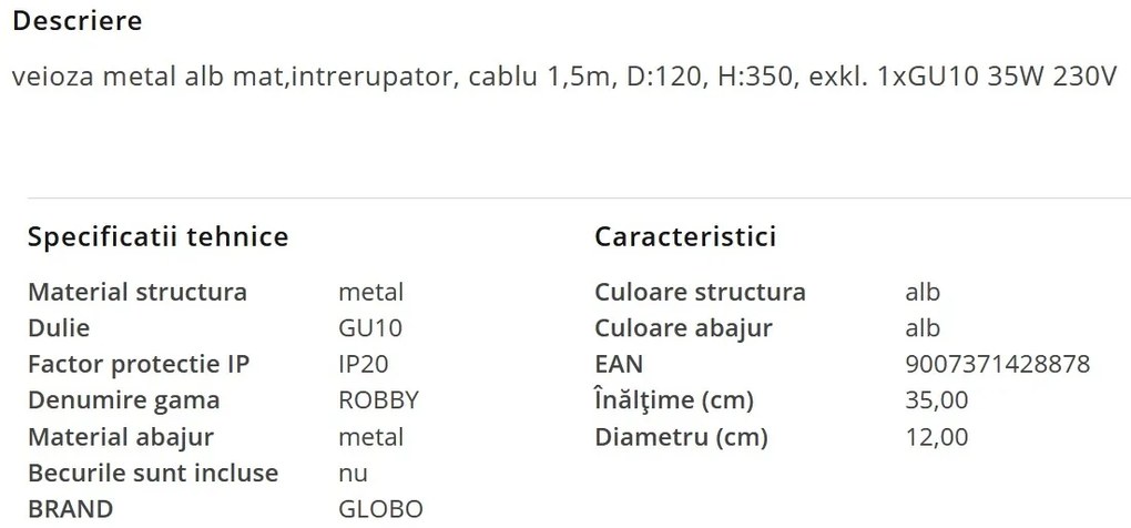 Veioza minimalista cu spot directionabil ROBBY alba