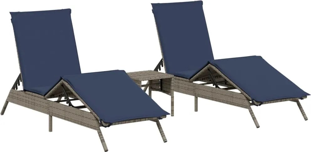 vidaXL Șezlonguri, 2 buc., cu masă, gri, poliratan