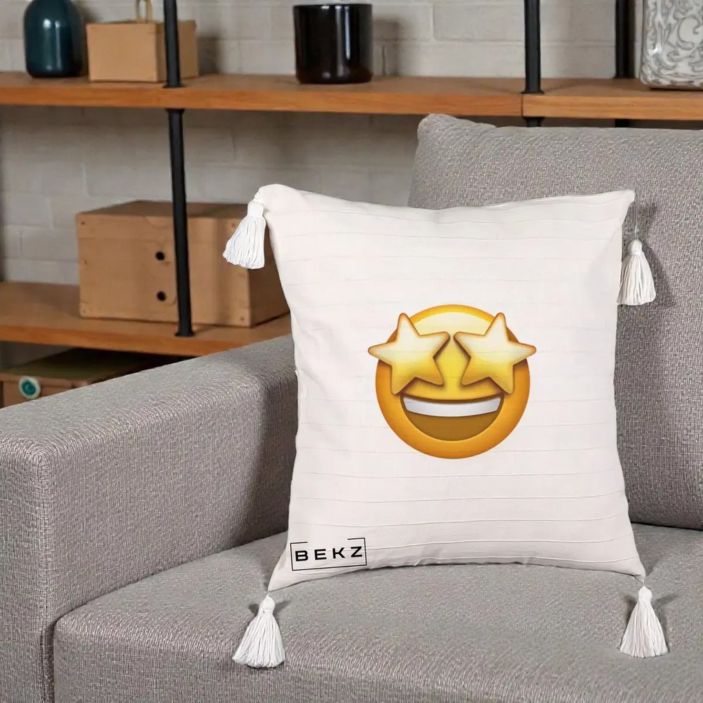 Perna Decorativa Emoji Ochi Stele, 40x40 cm, Bej cu Franjuri, Husa Detasabila, Perna Inclusa, BEKZ®